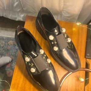 Karl Lagerfeld Glossy Black Loafers with Pearl Accents